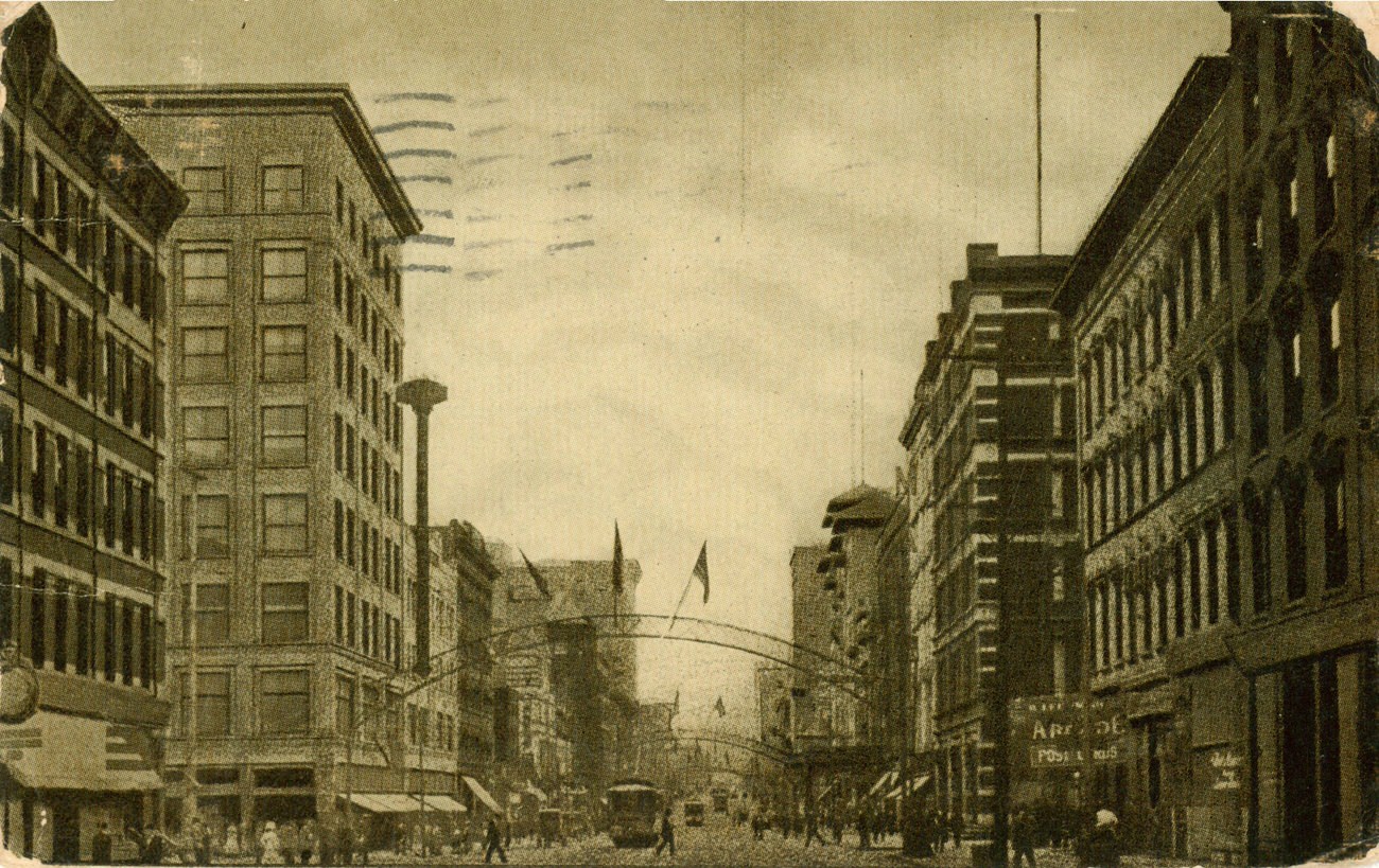 #32 High Street looking south with the Chittenden Hotel and Beggs Department Store, 1880s