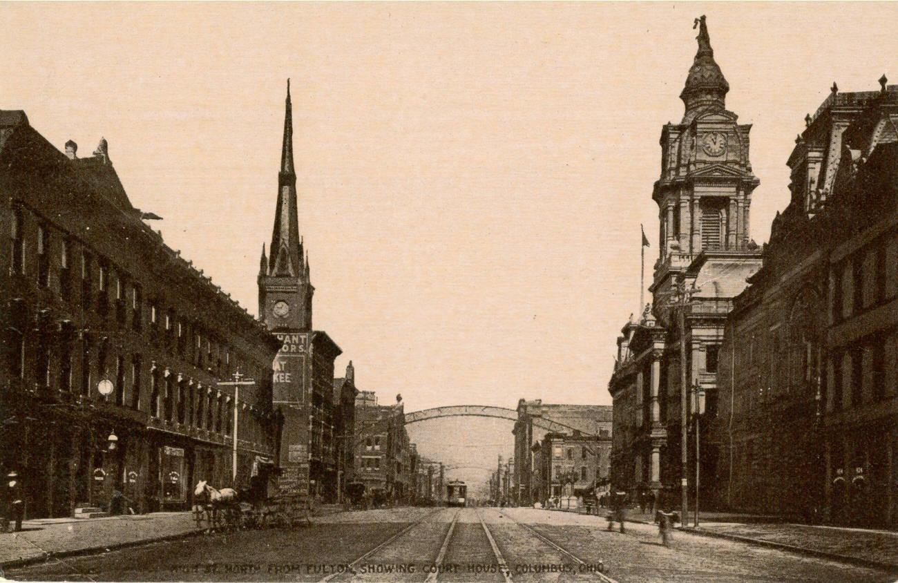 #65 High Street north from Fulton, featuring St Paul’s German Lutheran Church and Franklin County Courthouse, 1890s
