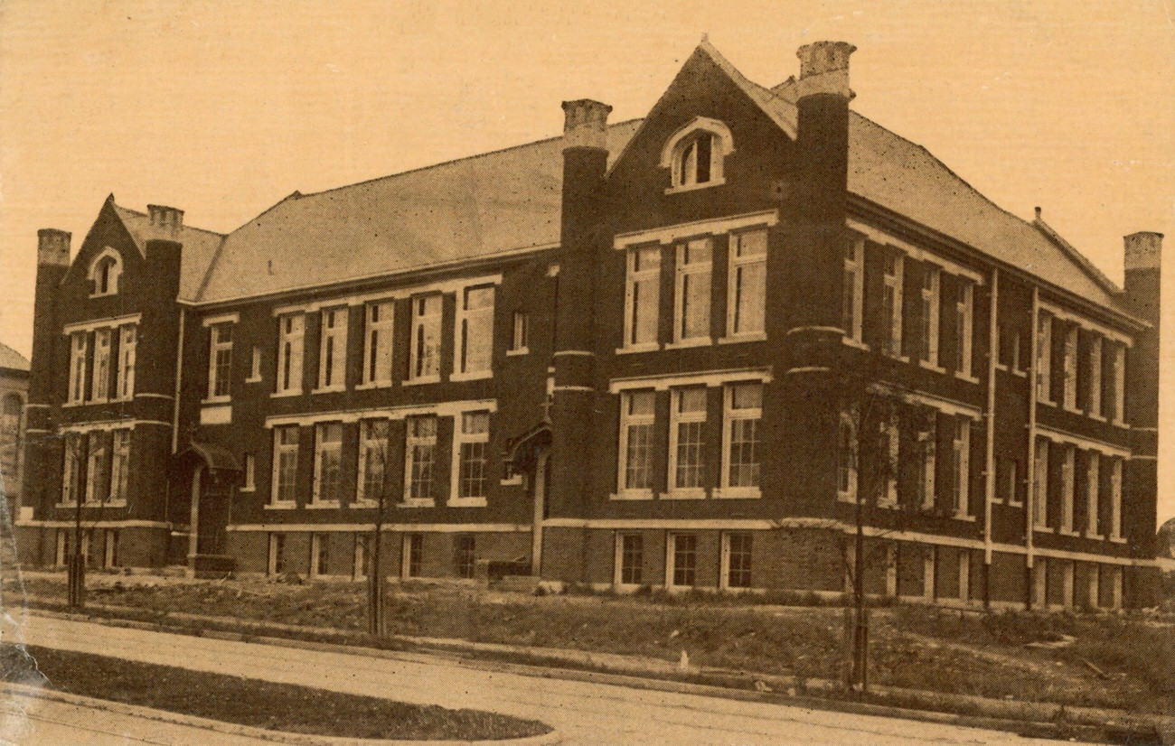 #94 Holy Family School, Columbus, Ohio, black & white photo of two-story brick building, 1919.