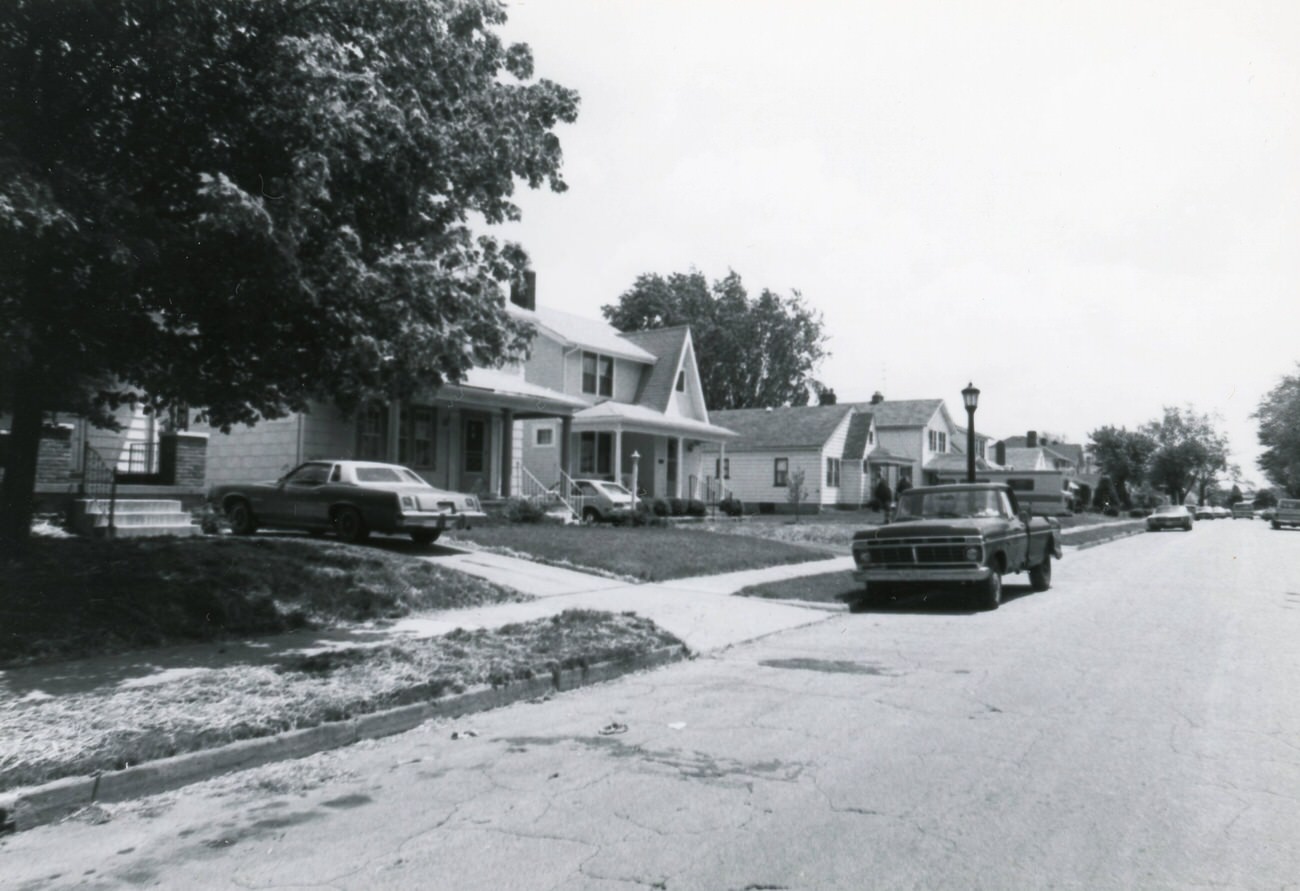 #130 View south on Larcomb Ave. from 530 Larcomb Ave., with 538 Larcomb Ave. in the center, 1980s.