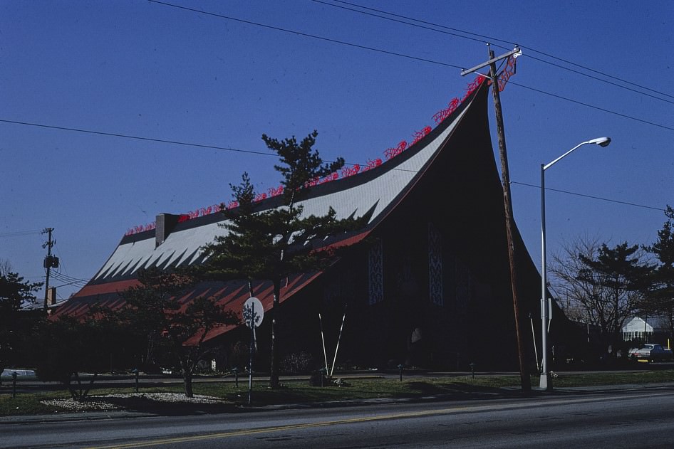 #112 Closer view of Kahiki Restaurant, E. Broad Street, Columbus, Ohio, 1980.