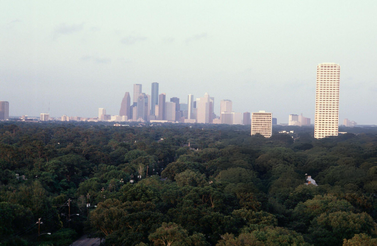 #102 View of the downtown Houston business district, Texas, June 1987.