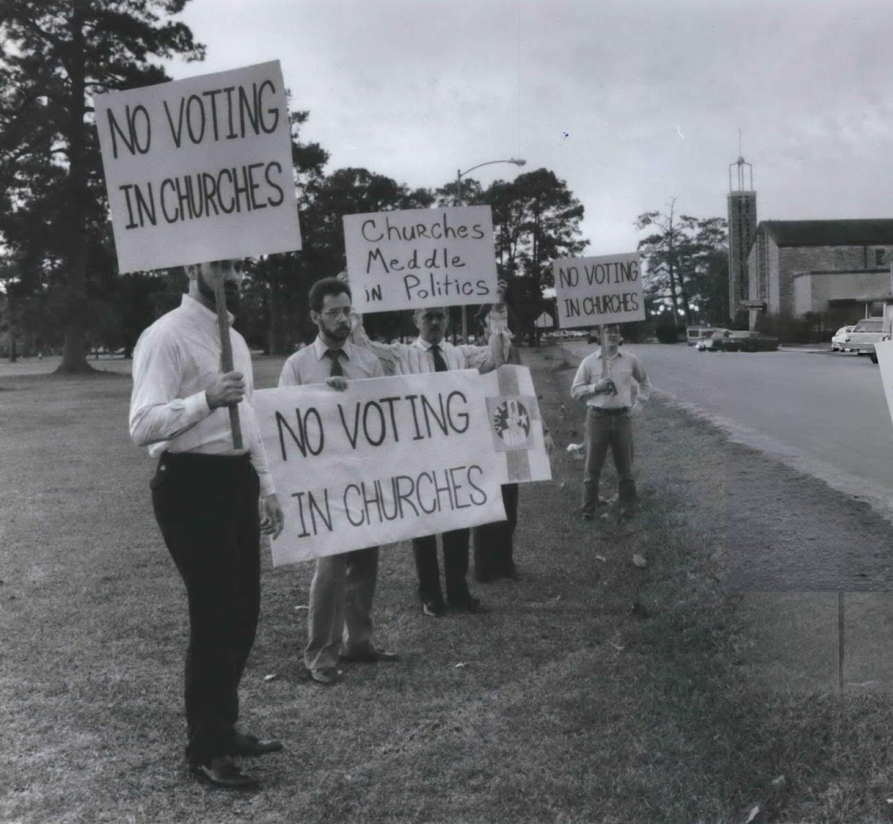 #91 American Atheists protest outside St. Theresa Catholic Church against churches being used as polling places, Houston, Texas.