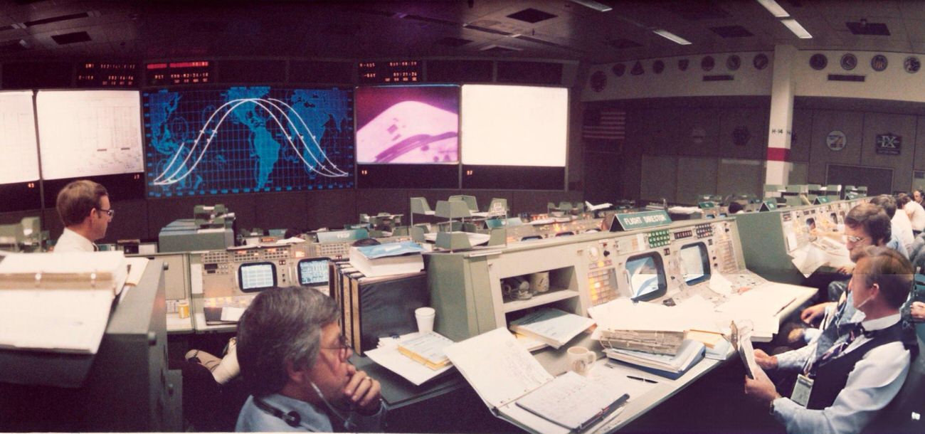 #93 The mission operations control room at Johnson Space Center during the Space Shuttle Columbia’s first flight, Houston, Texas, 1981.