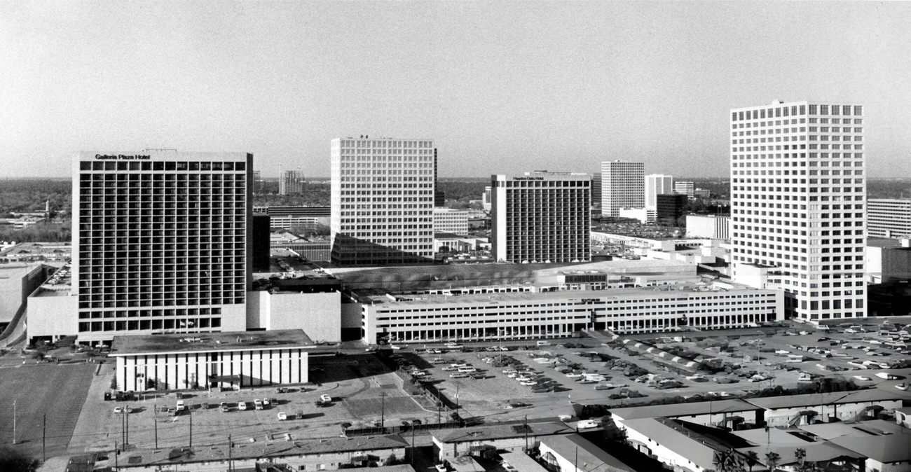 #94 Galleria Plaza Hotel and parking entrance to Galleria II on Sage Road, opposite Houston Oaks Hotel and Galleria I along Westheimer, 1980.