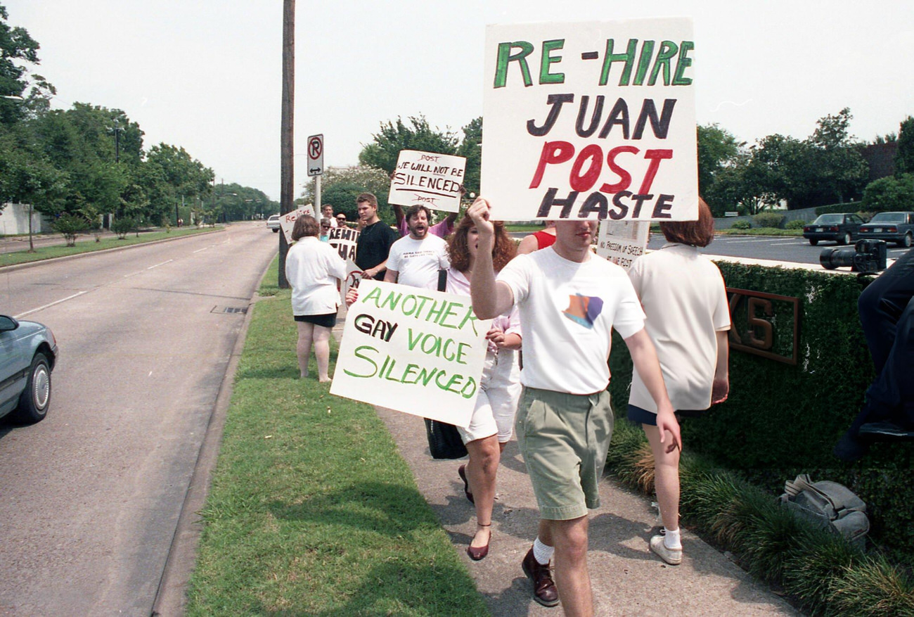 #42 Queer Nation’s picket outside Charles Cooper’s apartment for Juan Palomo’s rehiring showcases activism against perceived discrimination, Houston, Texas, 1991.