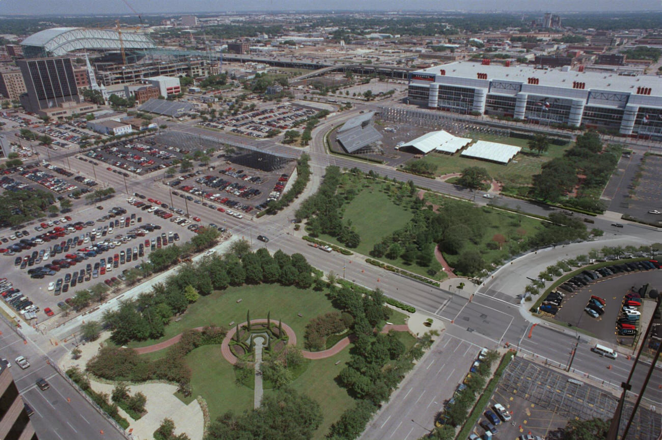 #67 Aerial view of downtown near George R. Brown convention center and Enron Field, Houston, Texas, 1999.