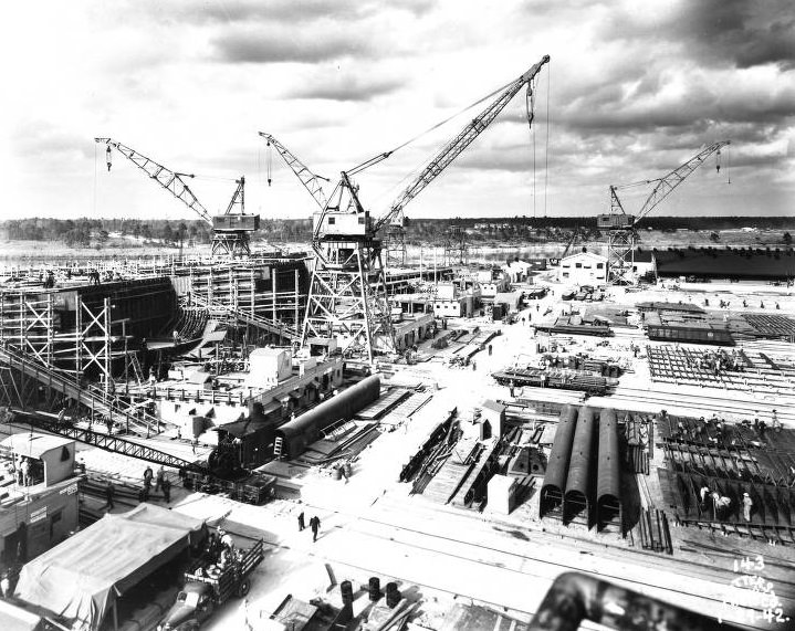 #34 Cranes working in a shipyard, view from Gantry Crane, 1942.