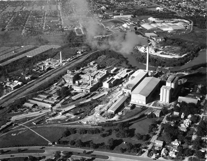 #35 Industrial facility on Ship Channel with smokestacks, Houston, 1946.