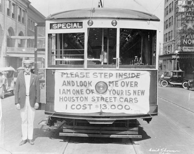 #112 New Houston streetcar with motorman, 1920s