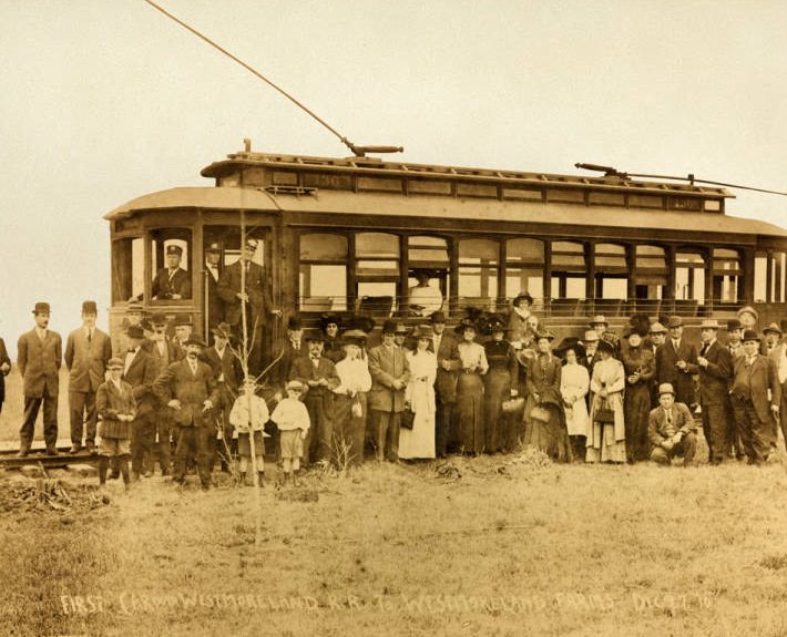 #77 First trolley car to Westmoreland Farms, December 27, 1910.