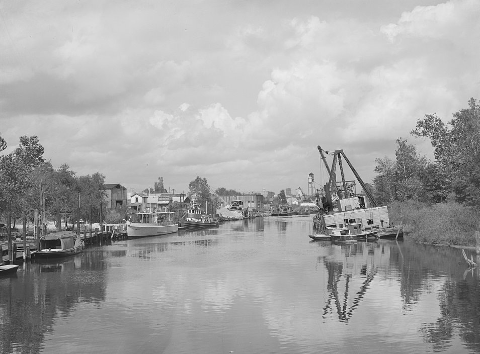#62 View of the former main ship channel, now a yacht pen, at the Port of Houston, Texas, 1939