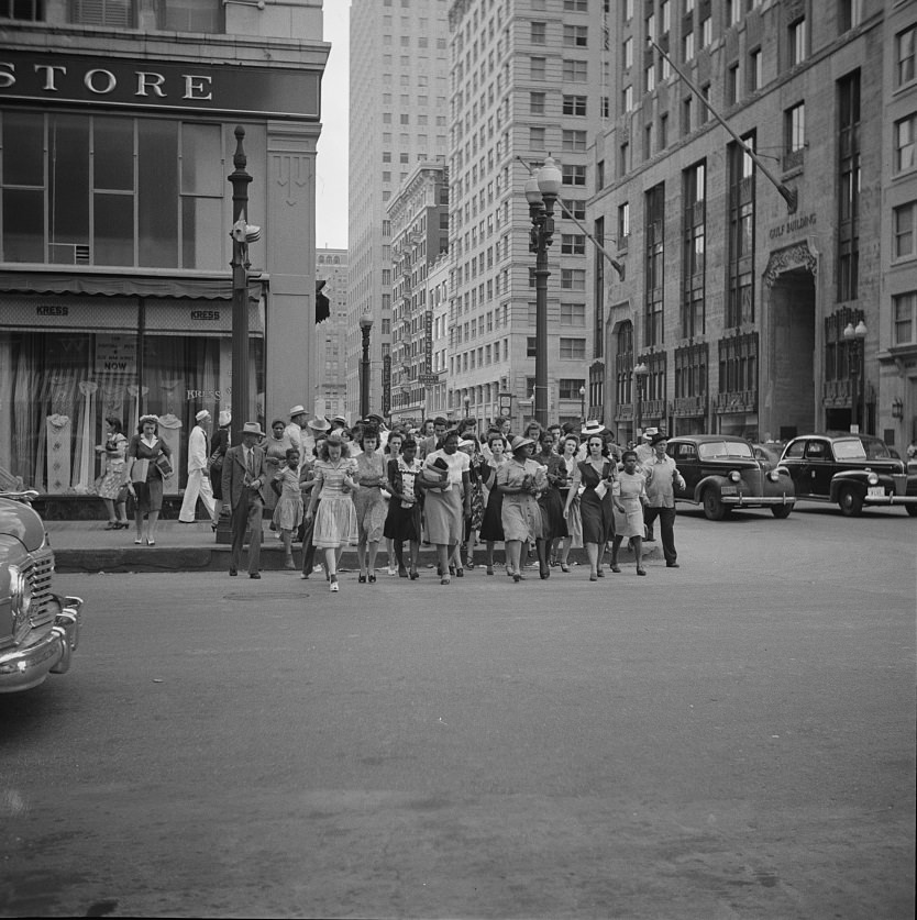 #50 People crossing a downtown street with the green light in Houston, Texas, 1943