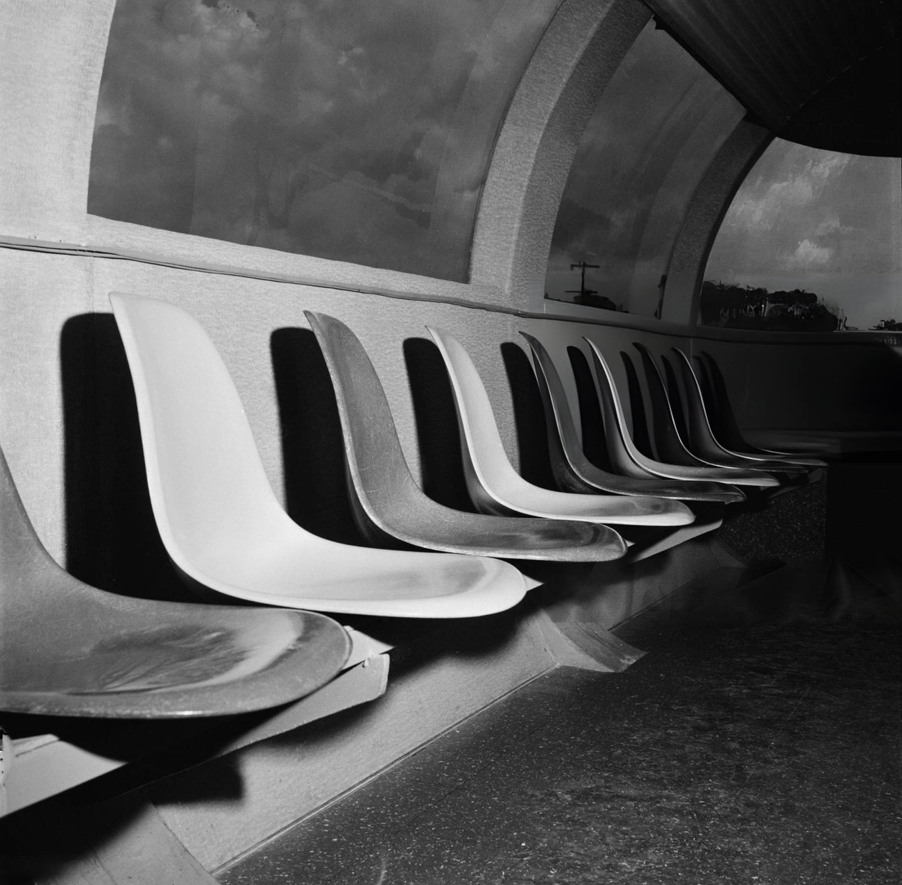 #67 The coach of the ‘Trailblazer’ monorail service in Houston, featuring individual contoured plastic seats, circa 1956.