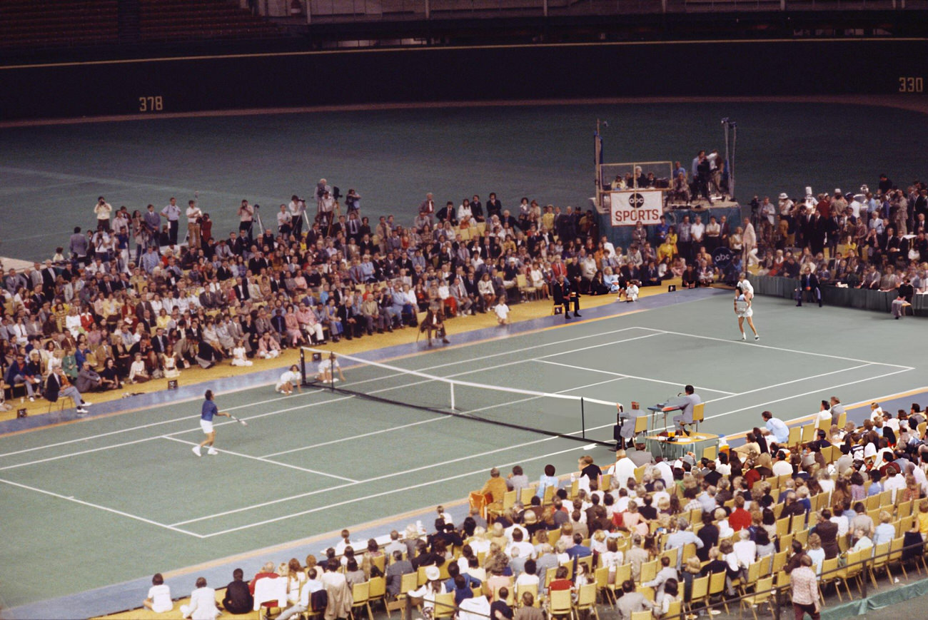 #18 Billie Jean King and Bobby Riggs at the Battle of the Sexes Challenge Match at the Astrodome, Houston, 1973.