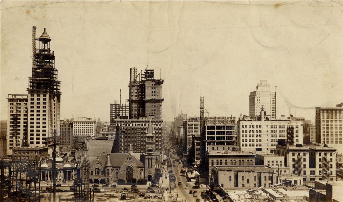 #12 Main Street view from Lamar Avenue during construction boom, Houston, 1927.