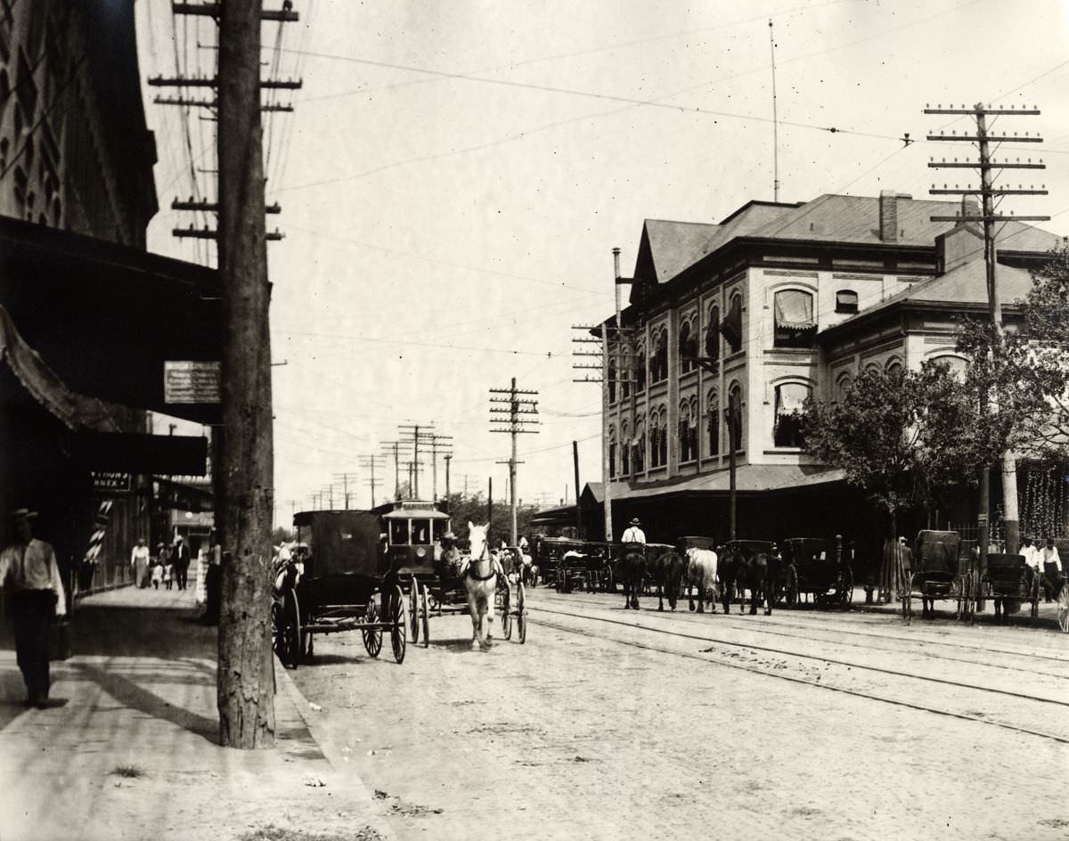 #13 Grand Central Station Rail Depot street scene, Houston, 1900
