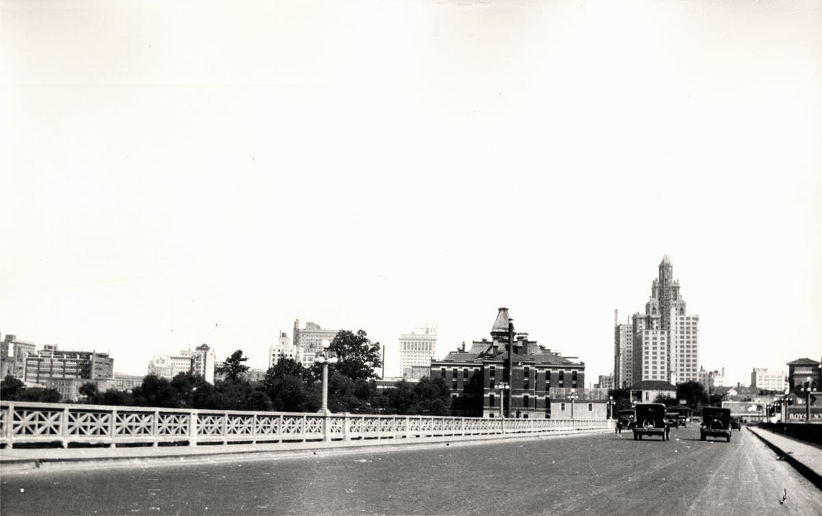 #16 Houston skyline view from street level bridge, 1927.