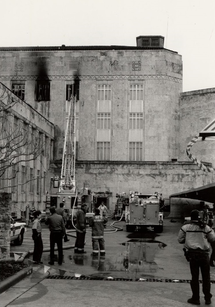 #69 Ezekiel Cullen Building exterior during fire, Houston, 1959.