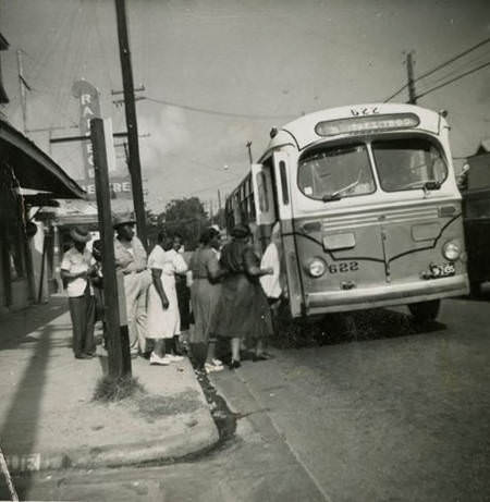 #10 Mrs. Lucielle Anderson boarding bus, Houston, 1948