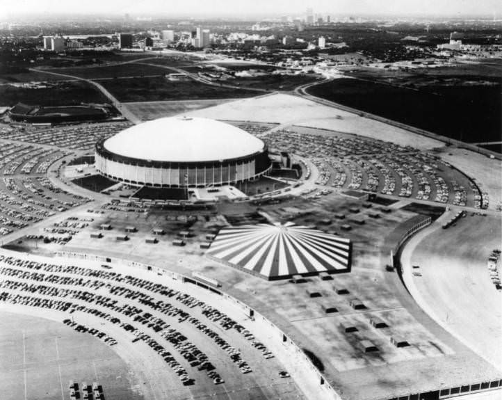 #13 Houston Astrodome and Astrohall aerial view, circa 1960s.