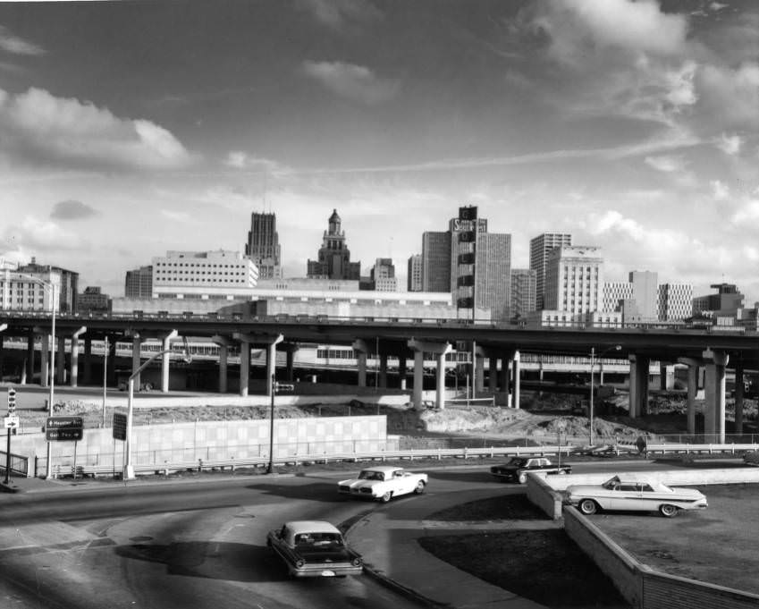 #22 Cars driving towards Gulf Freeway, Houston, 1961.