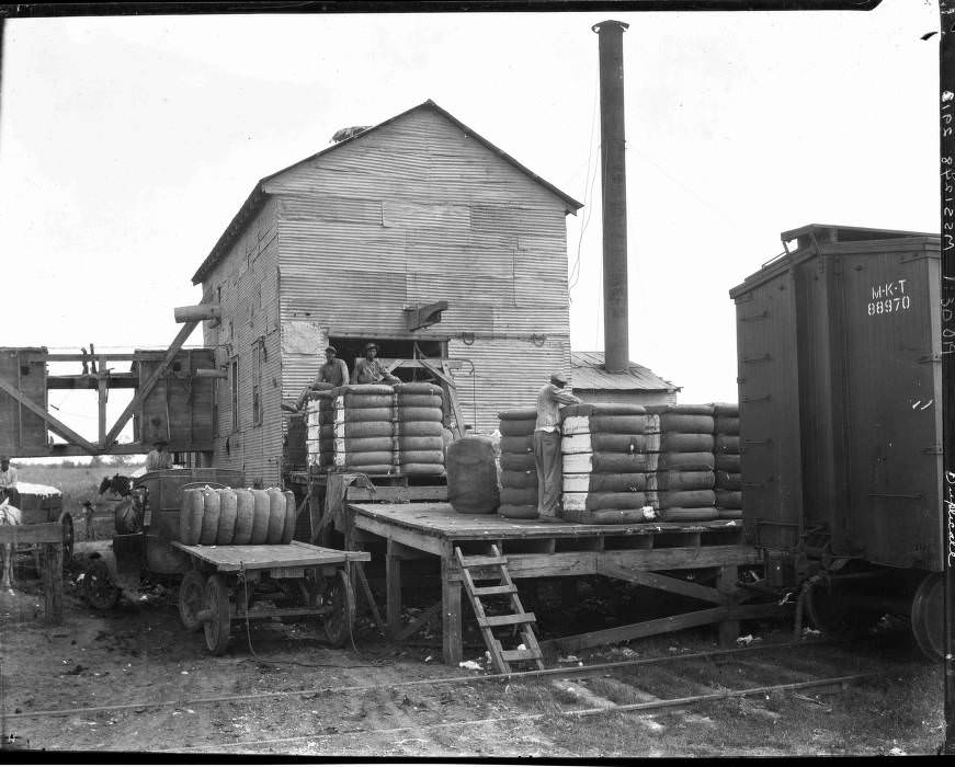 #36 Cotton bales on railroad platform, 1930.