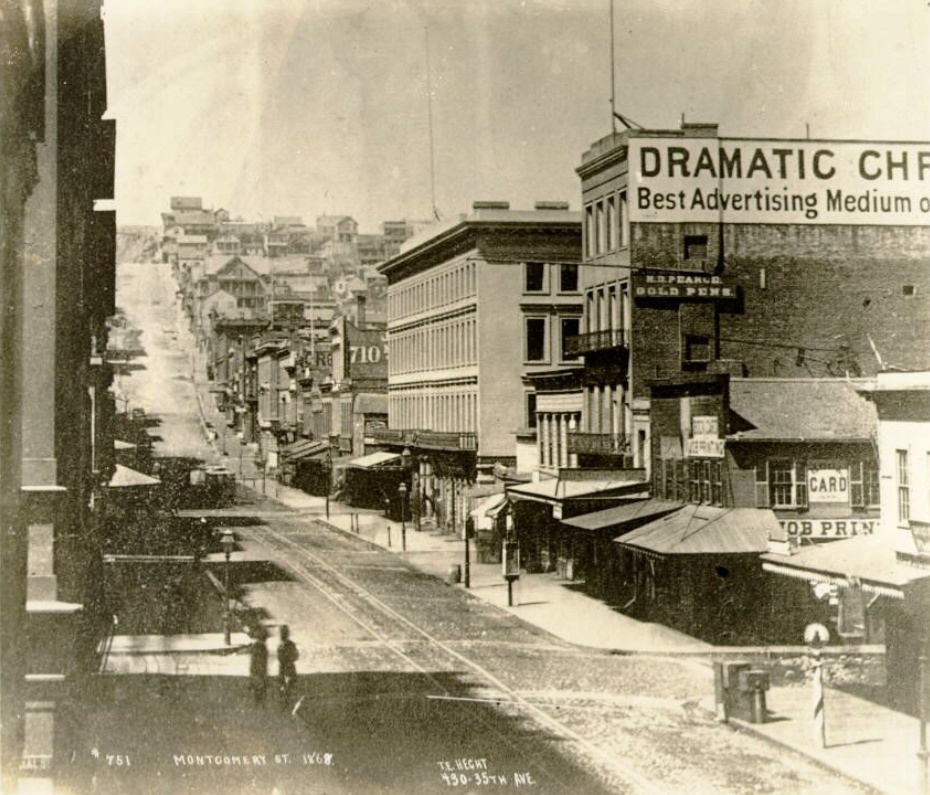 #110 Montgomery, north from Clay Street, 1868