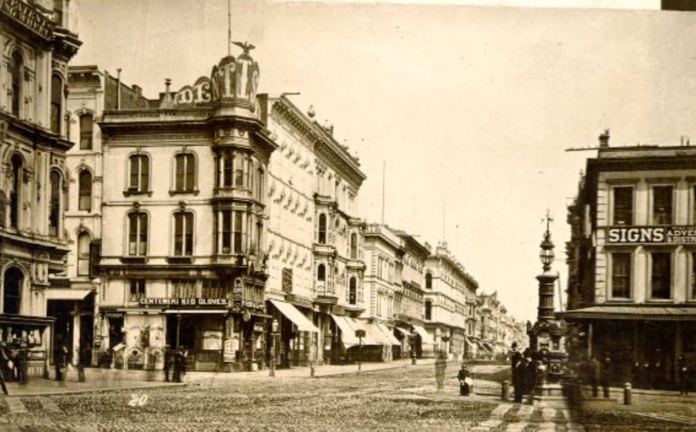 #34 West side of Kearny Street, north from Lotta’s Fountain, 1870
