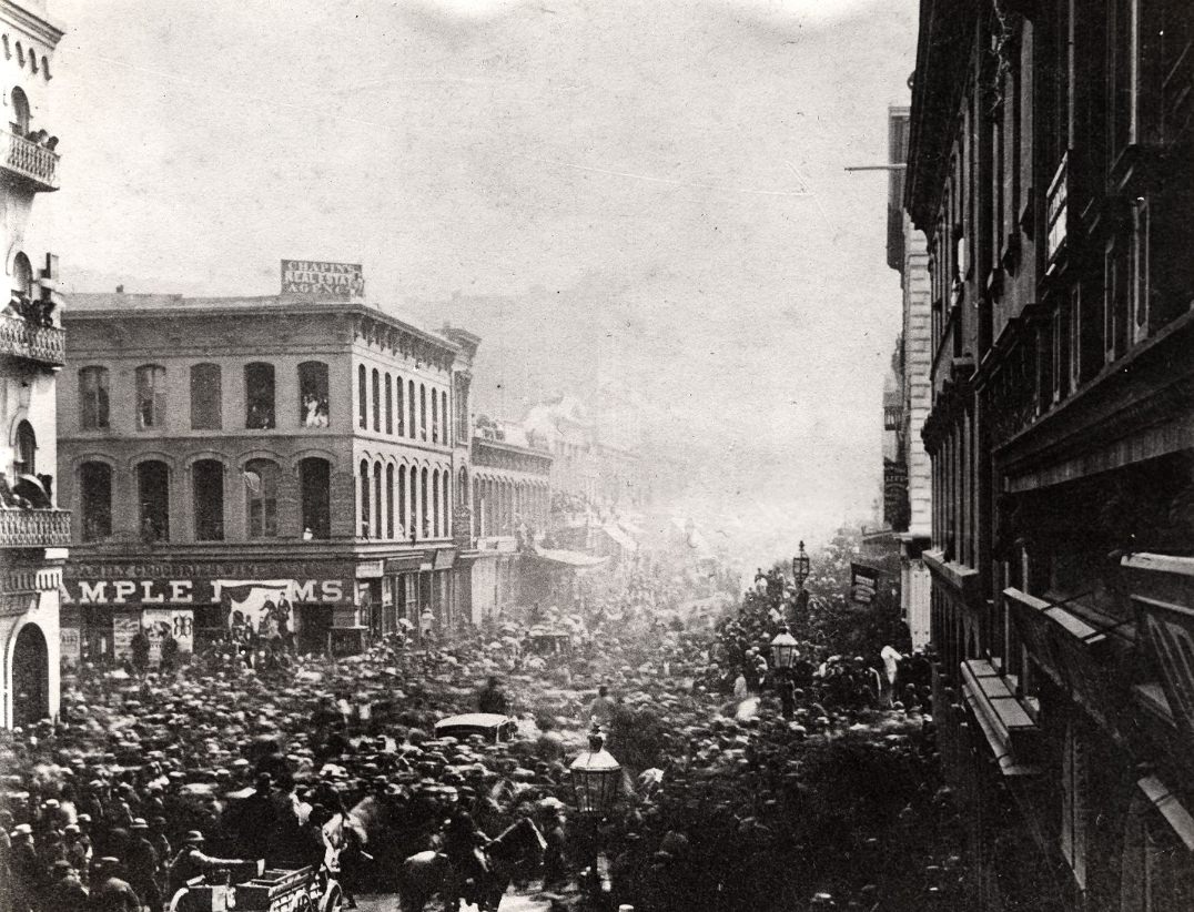 #38 Looking south on Montgomery at California Street, 1867