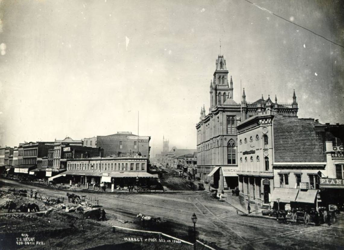 #55 Market and Post streets, excavating for the Grand Hotel on the left, 1869