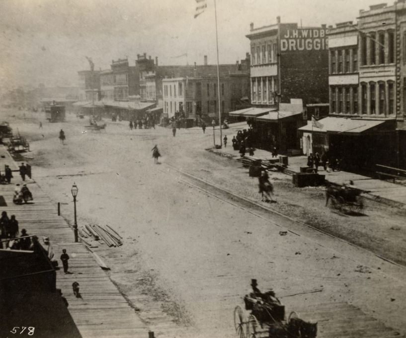 #56 Market and Kearny streets with steam dummy, 1864