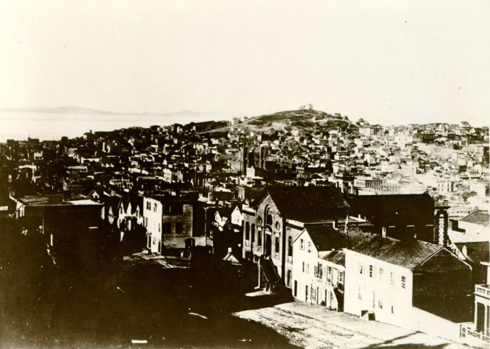 #1 Powell Street, corner of Clay, 1870, featuring Girl’s High School and Telegraph Hill