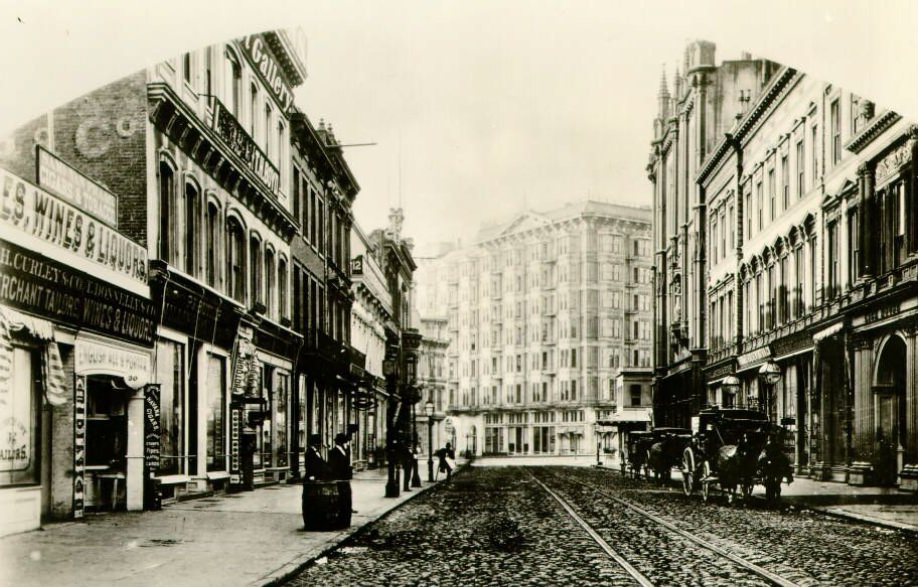 #16 A glimpse of the Palace from Montgomery and Sutter Streets, 1876