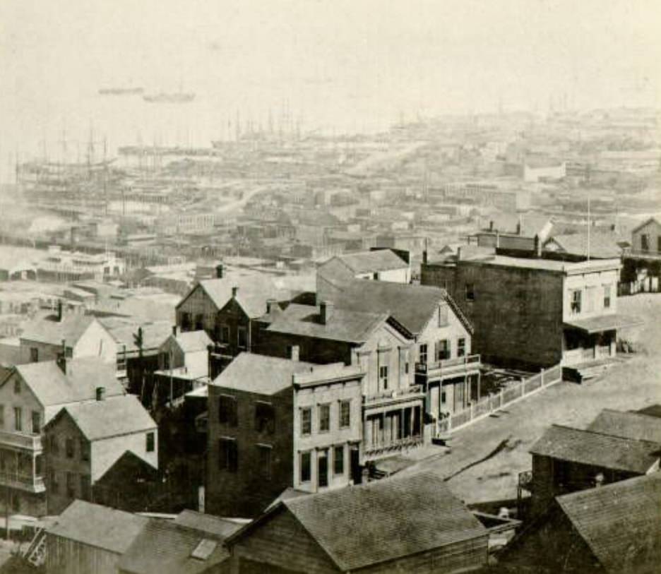 #38 Aerial view of Montgomery Street overlooking the bay, 1870s