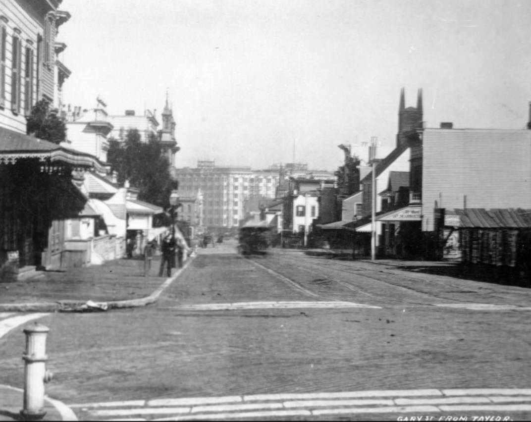 #55 Geary Street, view east from Taylor Street, circa 1875