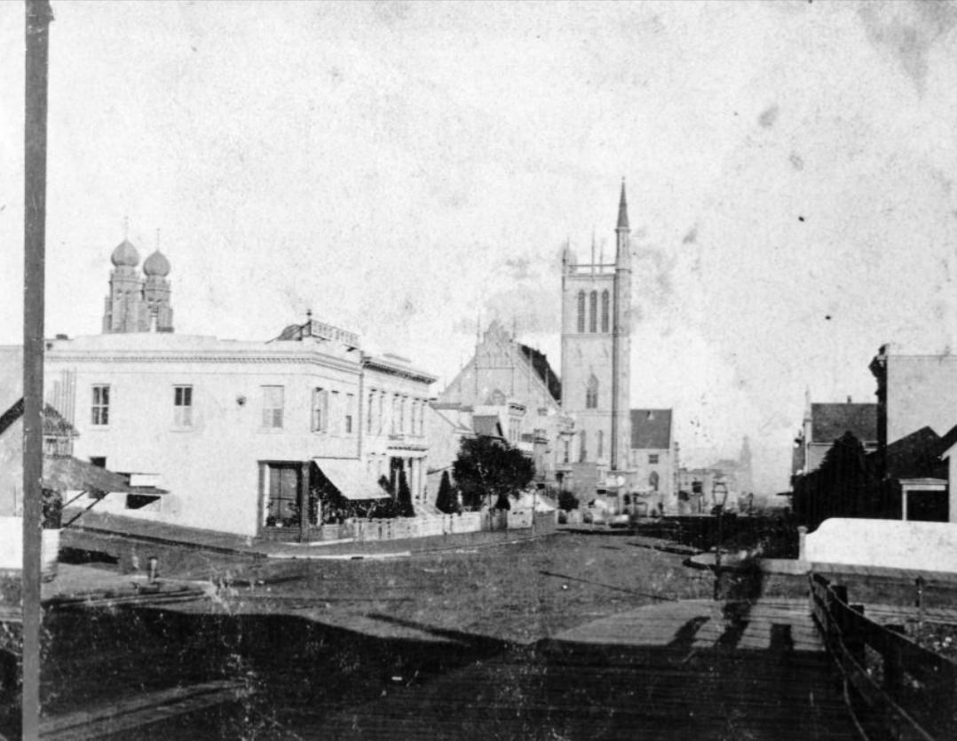 #76 Post Street, east of Mason Street, 1878