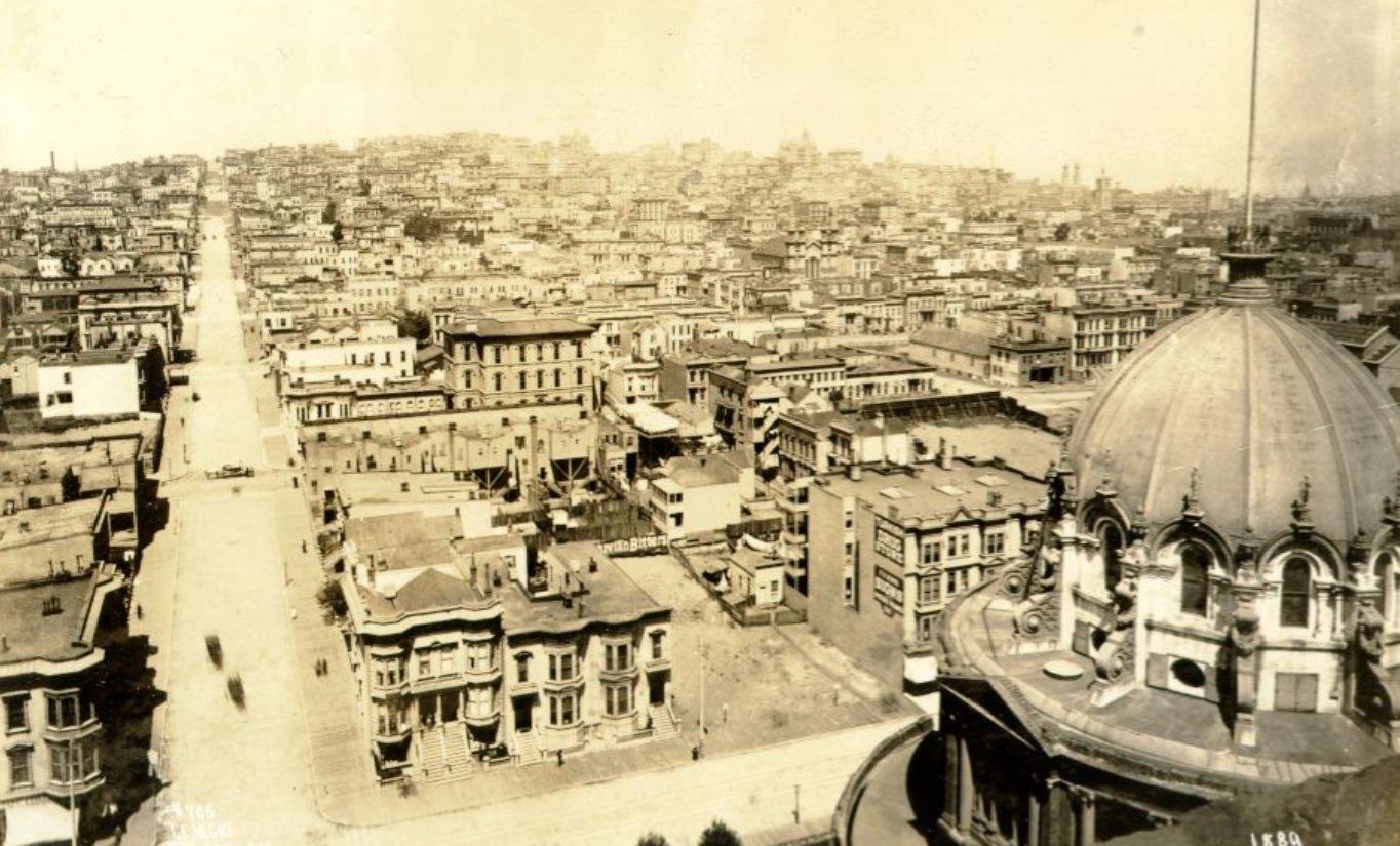 #41 Birdseye view of San Francisco towards Nob Hill from the roof of new City Hall, 1889