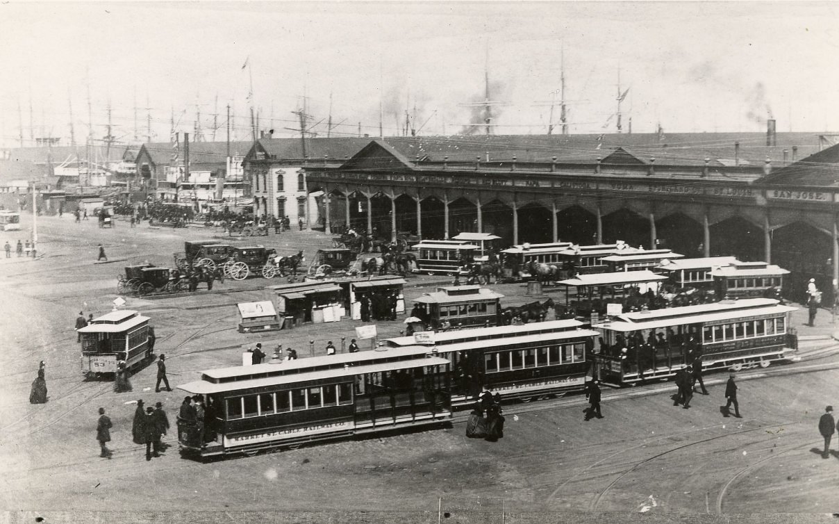 #9 Cable cars and horse cars in front of the Ferry Building, 1880