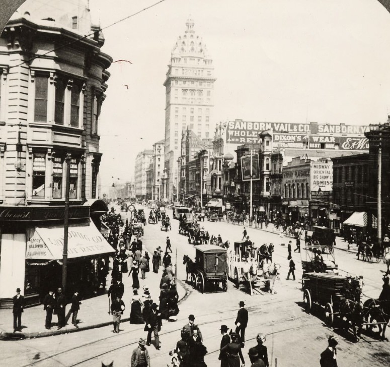 #1 Market Street from Stockton in the 1890s with Claus Spreckels’ (Call) Building as the tallest, 1890s