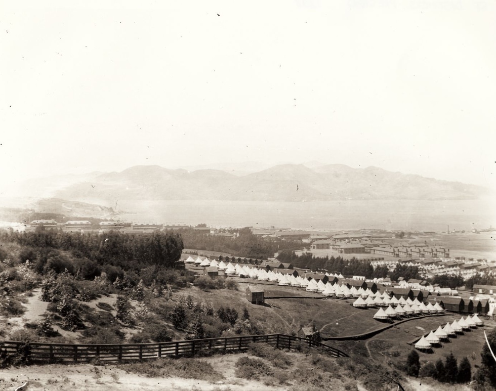 #20 View of the Presidio, army barracks and tents, and San Francisco Bay in the background, 1898