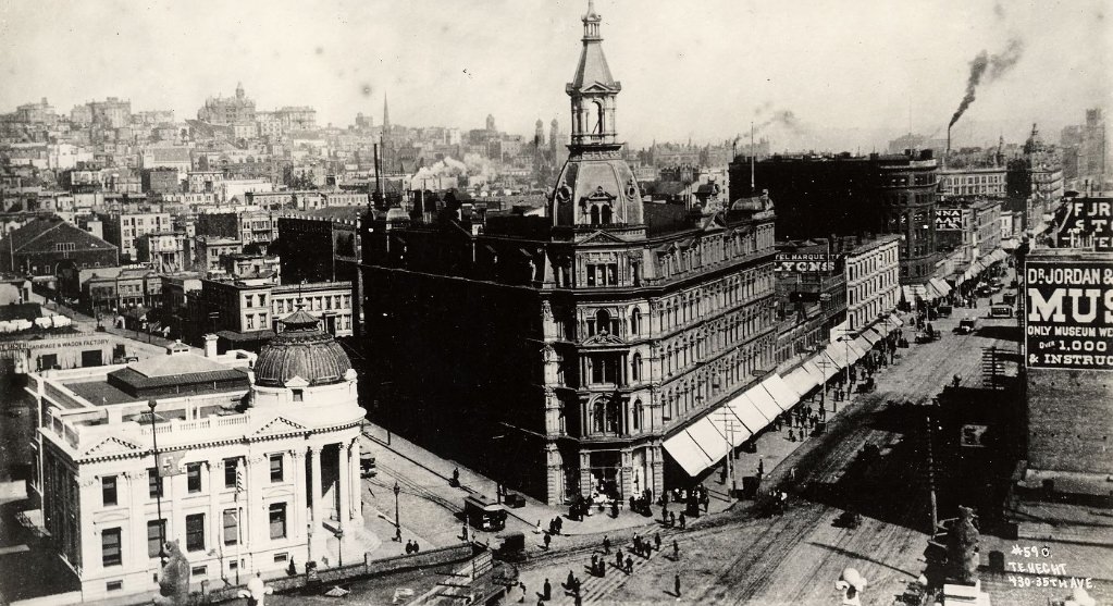 #45 A view of Market Street, showing Nob Hill on the left from Odd Fellows’ Hall, 1895