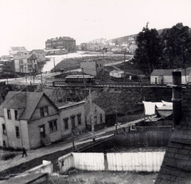 #100 Panorama of Glen Park looking southwest over Wilder Street to Glen Park School, 1900s