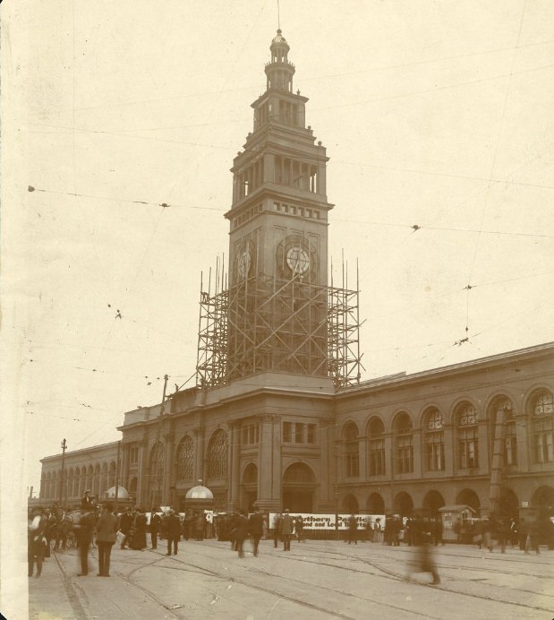 #101 Ferry Building under reconstruction to fix damage sustained in the earthquake and fire of April 18, 1906, 1906