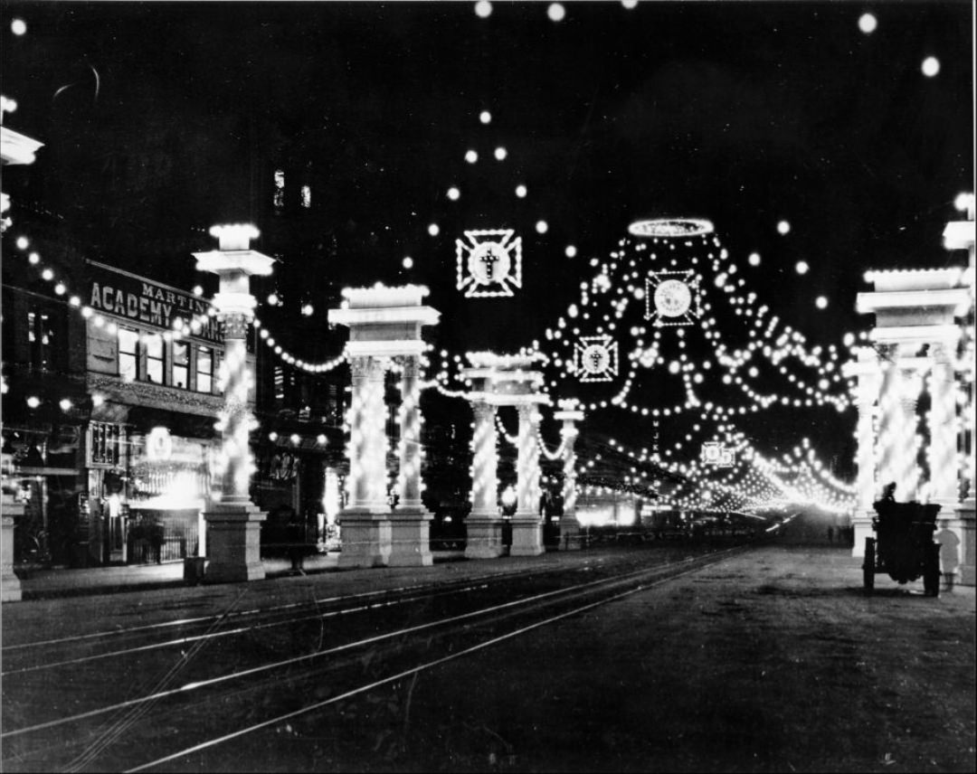 #15 Knights Templar nighttime decorations at Market, Kearny, Geary, and Third streets, September 1904