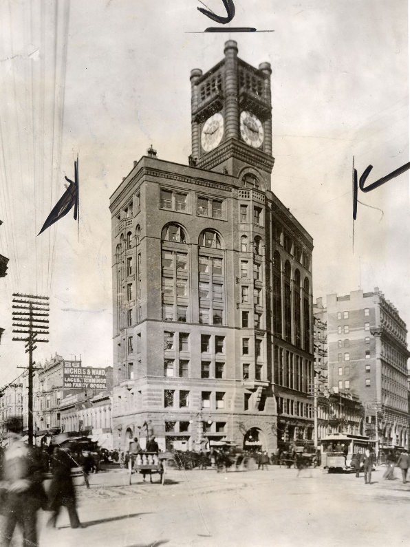 #3 De Young Building at Market, Geary, and Kearny streets, 1906