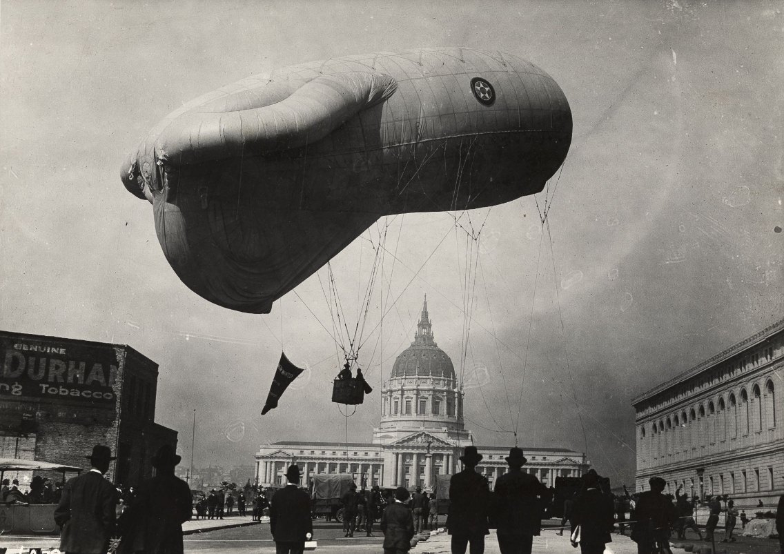 #34 Spectators watching a hot air balloon at the Civic Center in the 1910s.