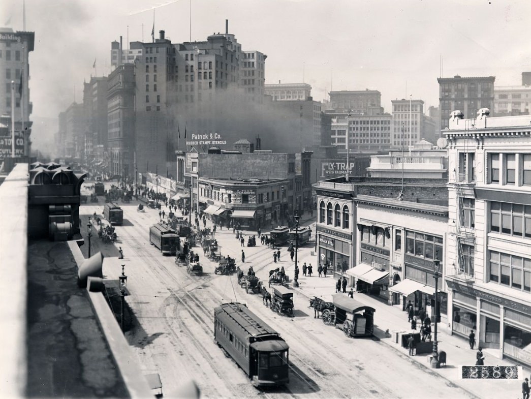 #50 Intersection of Sutter, Sansome, and Market Streets, March 28, 1910.