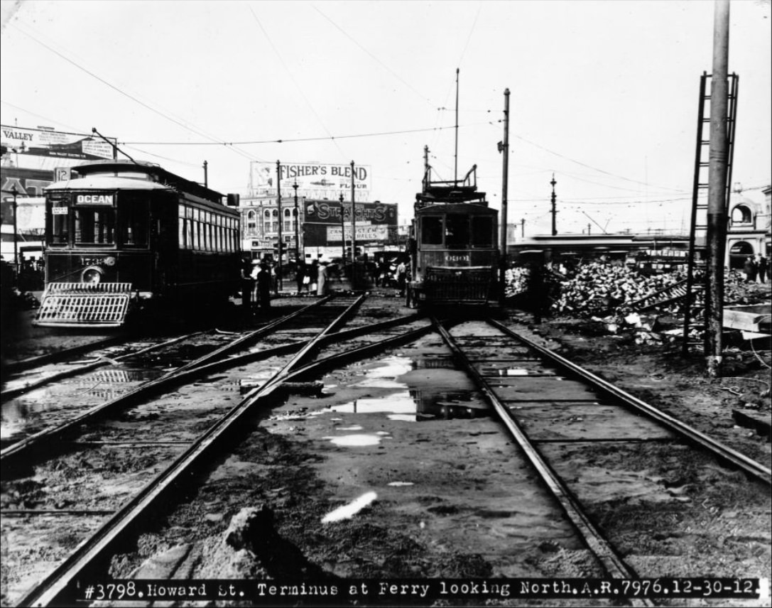 #63 Howard Street Terminus at Ferry, looking north, December 30, 1912.
