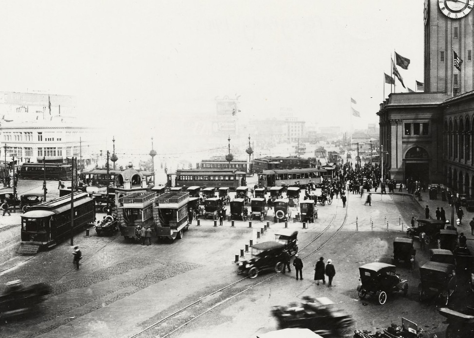 #69 Vehicles parked in front of the Ferry Building in the 1910s.